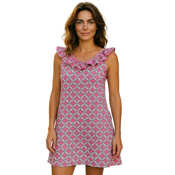 Crown & Ivy Pink Nautical Rope Print‎ Ruffle Neckline Sleeveless Dress Plus 2X - Picture 1 of 9